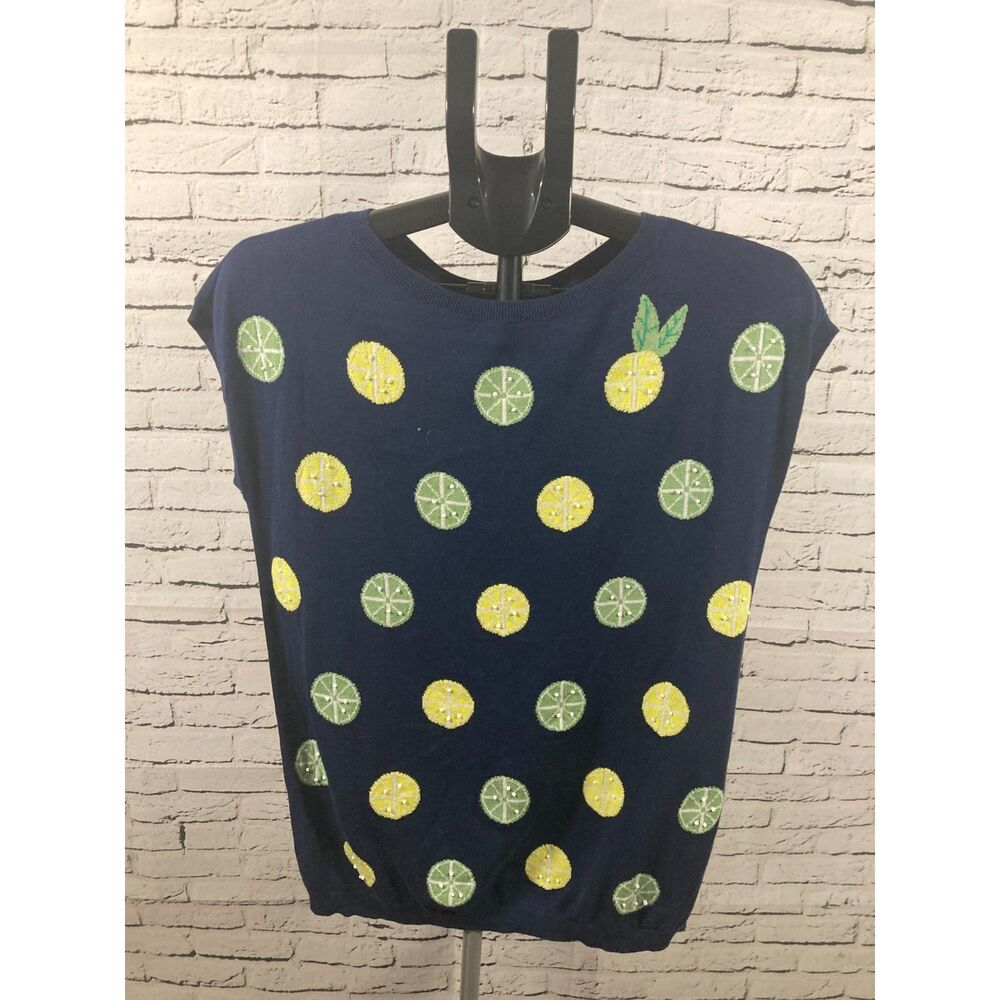 Talbots Navy Citrus Print Top Size MP Lemon & Lime Embroidery